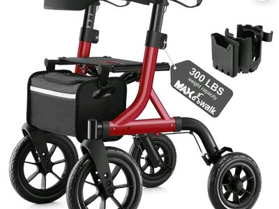 MAXWALK All-Terrain Rollator Walker - 12" Rubber Wheels - Red
