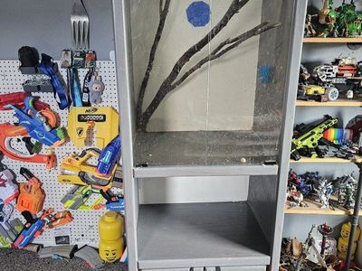 two budgie parakeets and enclosure made from old stereo cabinet. two bins of supplies and food included