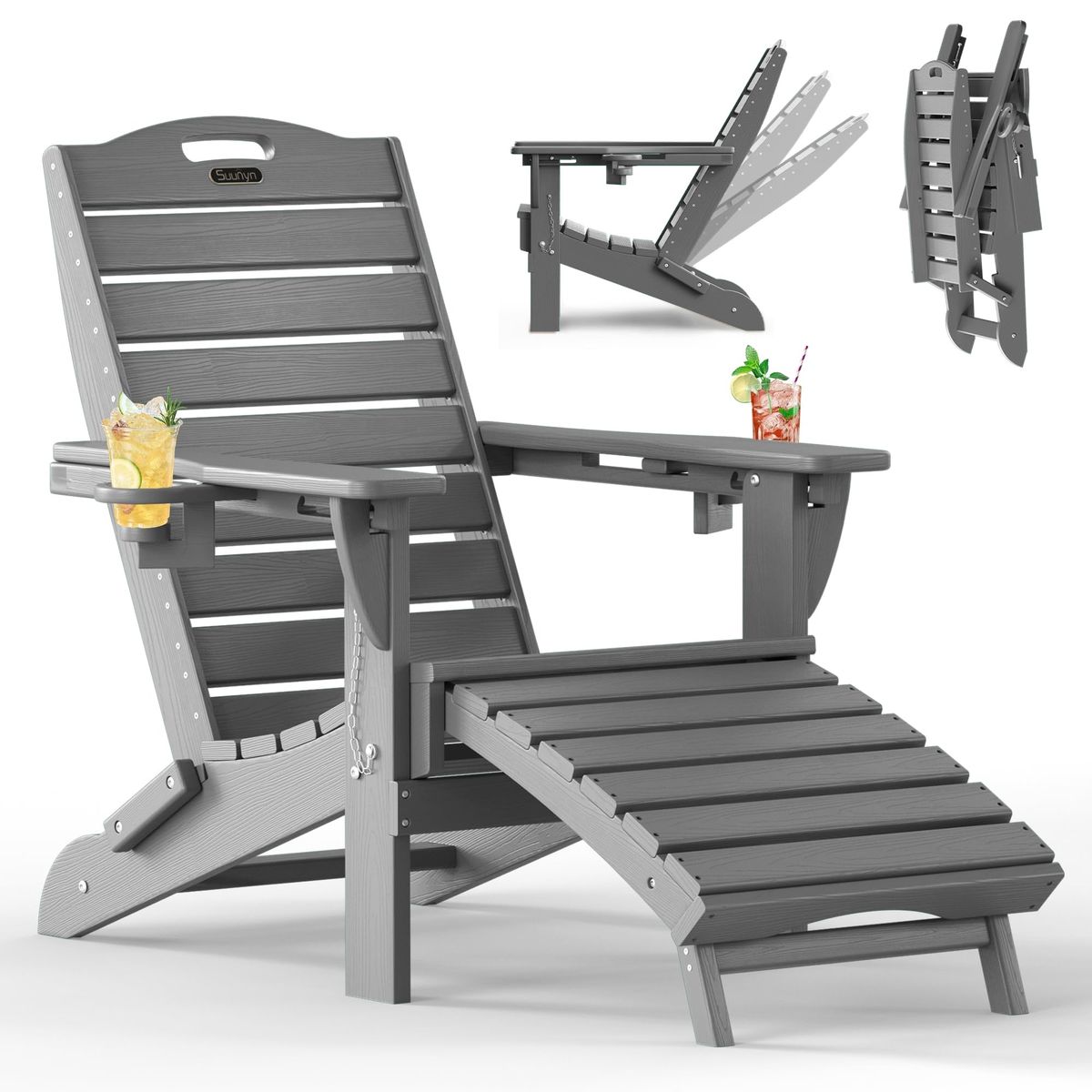 Brand New SUUNYN Folding Adirondack Chair with Retractable Ottoman – Grey