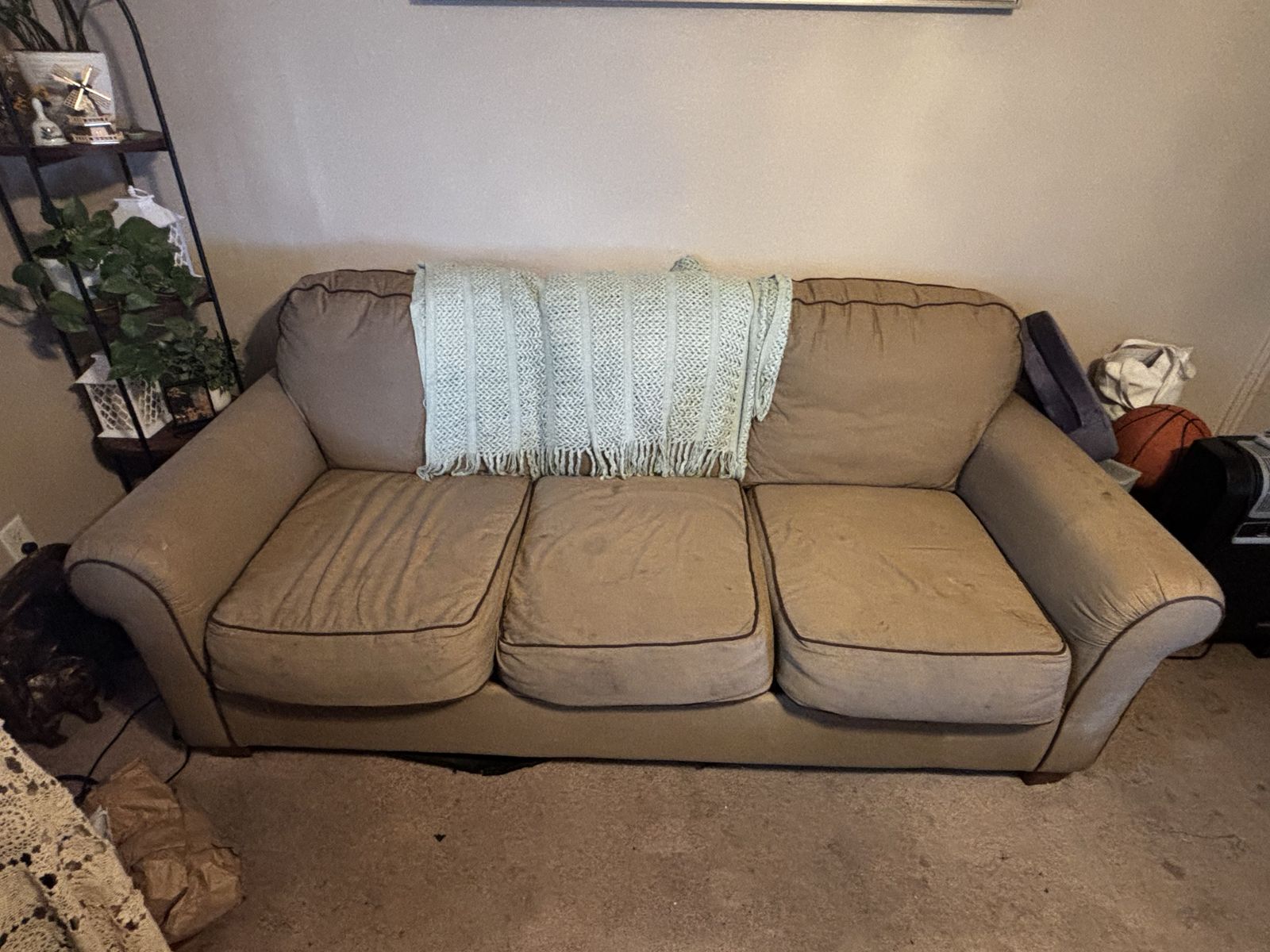 Used Three-Seater Sofa - Beige/Tan Fabric Couch with Rolled Arms