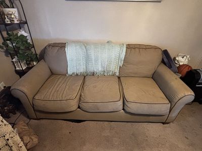 Used Three-Seater Sofa - Beige/Tan Fabric Couch with Rolled Arms