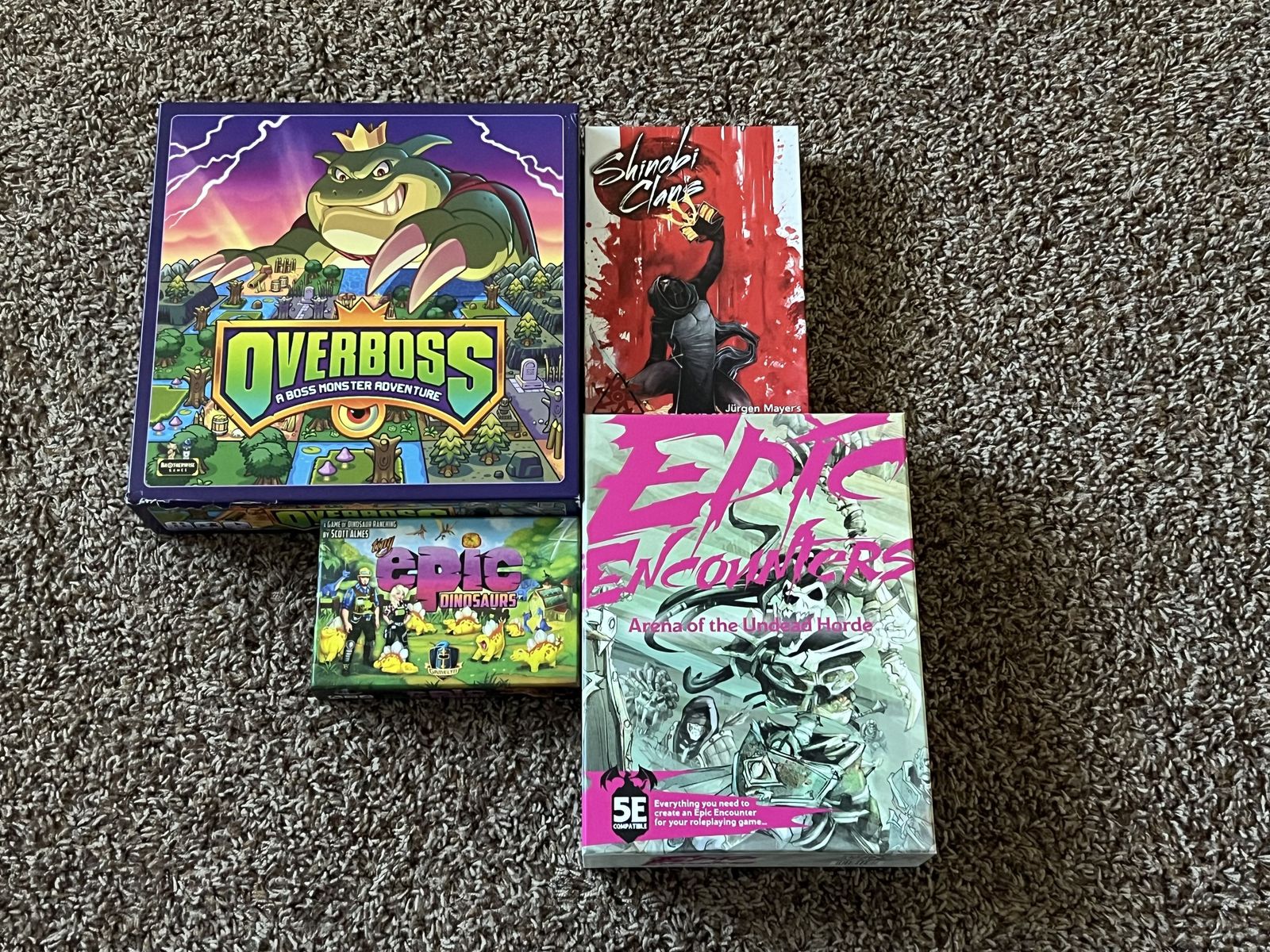Epic Encounters, Overboss, Tiny Epic Dinosaurs, Shinobi Clans Games