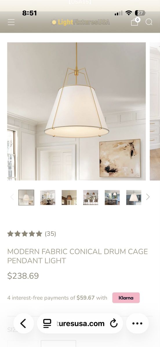 Light Fixtures USA Modern Fabric Conical Drum Cage Pendant Light, 23.6 inch, Gold Accents