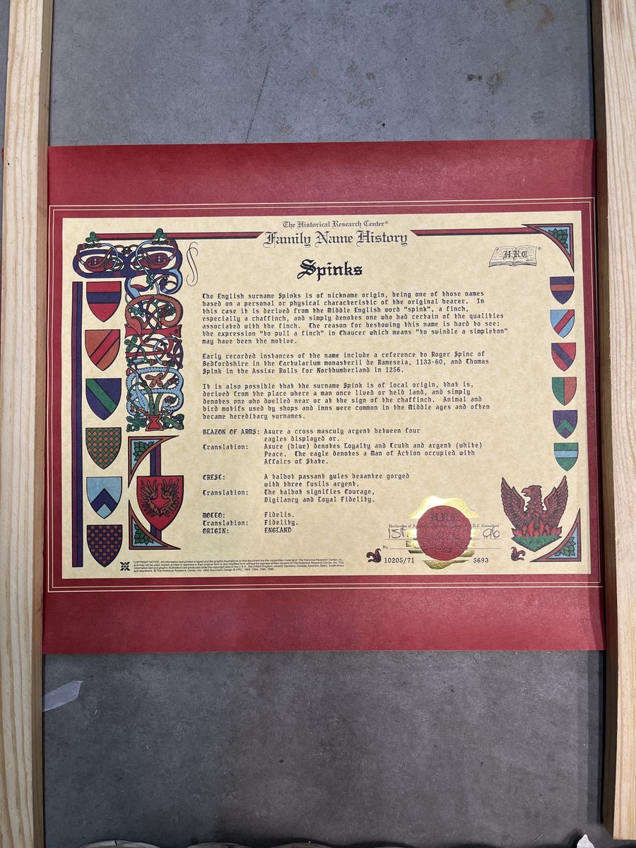 The Historical Research Center Spinks Family Name History with Coat of Arms