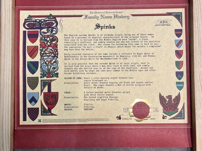 The Historical Research Center Spinks Family Name History with Coat of Arms