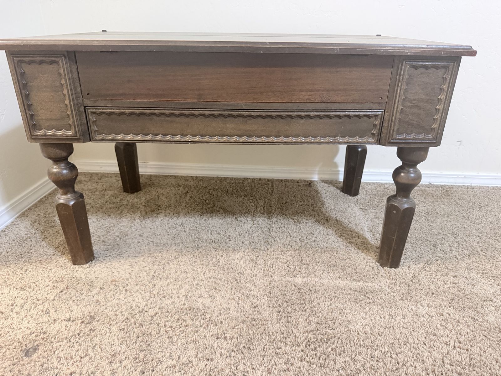 Vintage Wooden Spinet Writing Desk with Fold-Out Storage Compartment