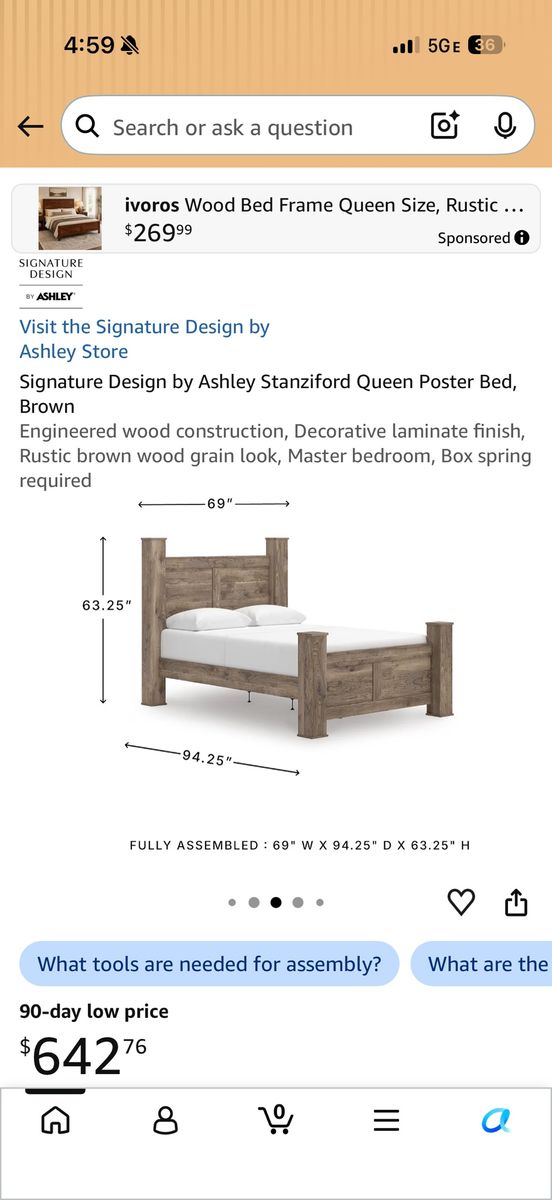 Signature Design by Ashley Stanziford Queen Poster Bed, Brown Wood Grain, Rustic Finish