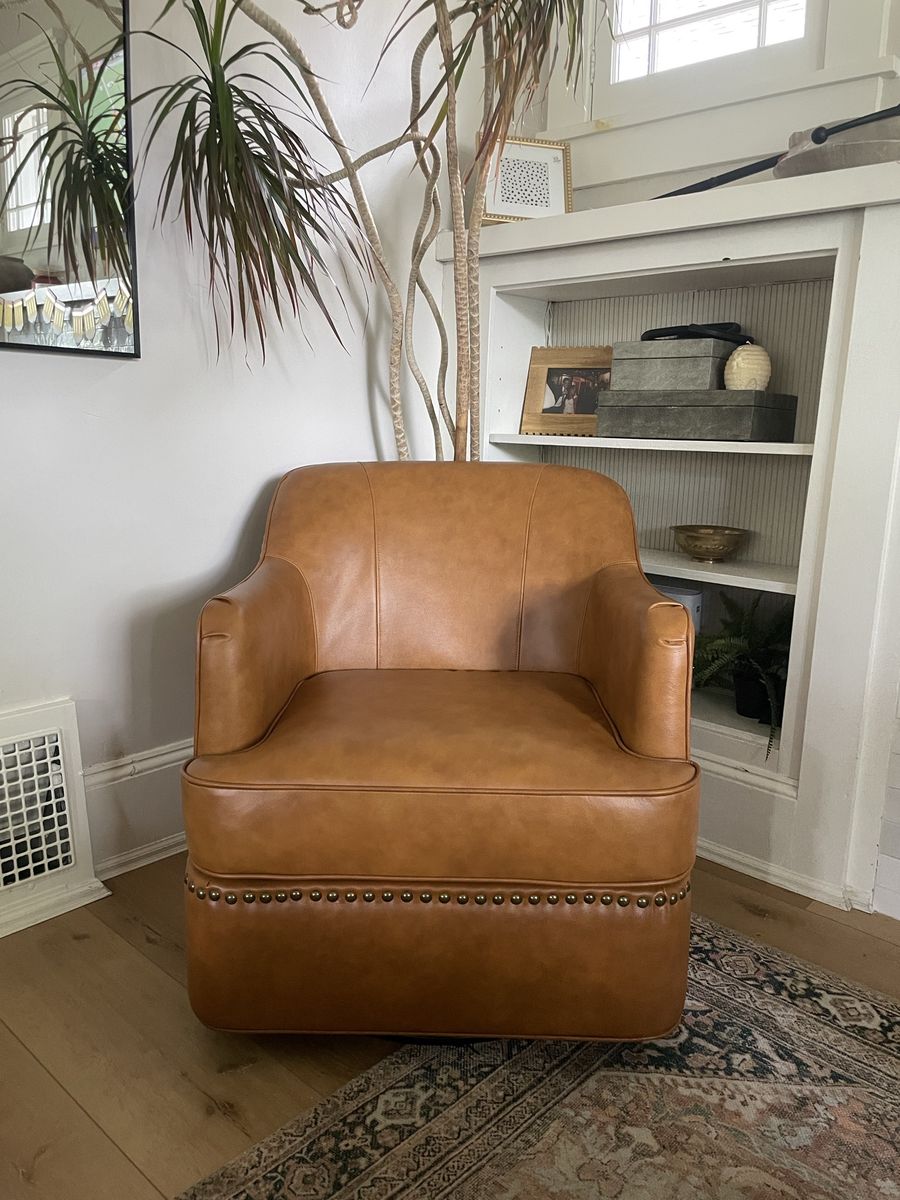 Set of 2 Cognac Leather Swivel Accent Chairs – Nailhead Trim BRAND NEW!