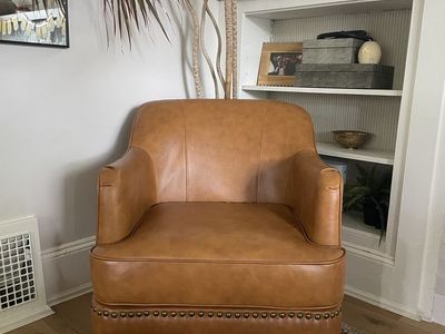 Set of 2 Cognac Leather Swivel Accent Chairs – Nailhead Trim BRAND NEW!