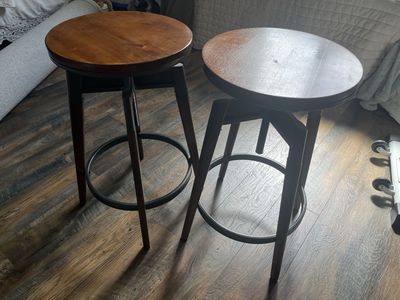 Wood and metal barstools, rotating adjustable height. Sets available.