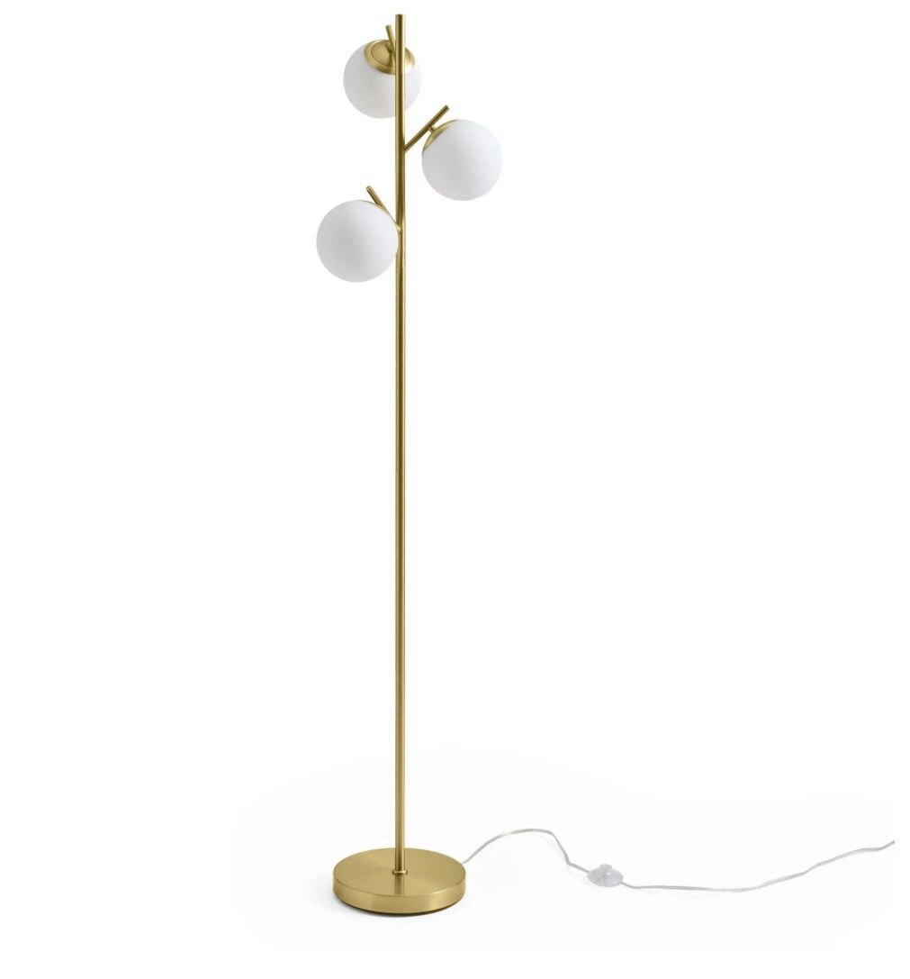 Brass Floor Lamp with 3 Globe Glass Shades Modern Standing Light