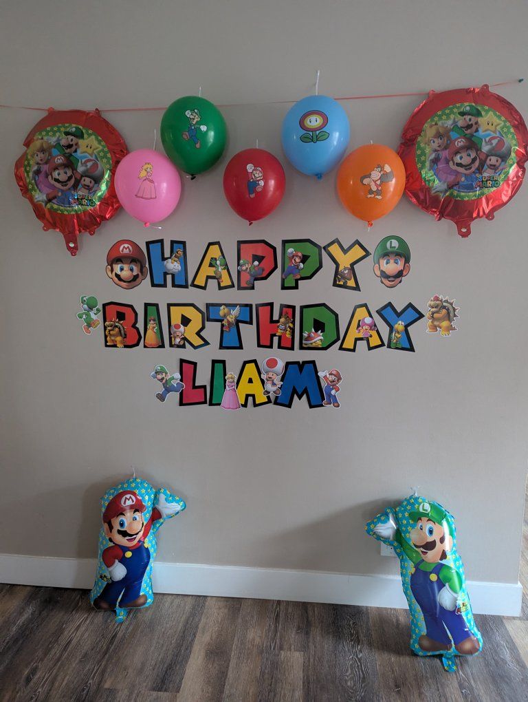 Super Mario birthday banner and decorations