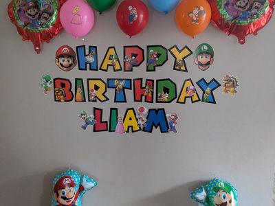 Super Mario birthday banner and decorations