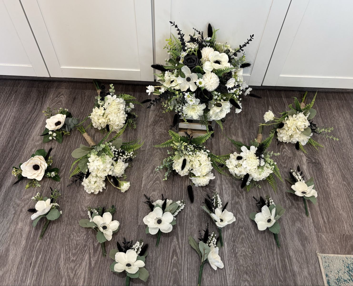 Black and white anemone Wedding Flower Set