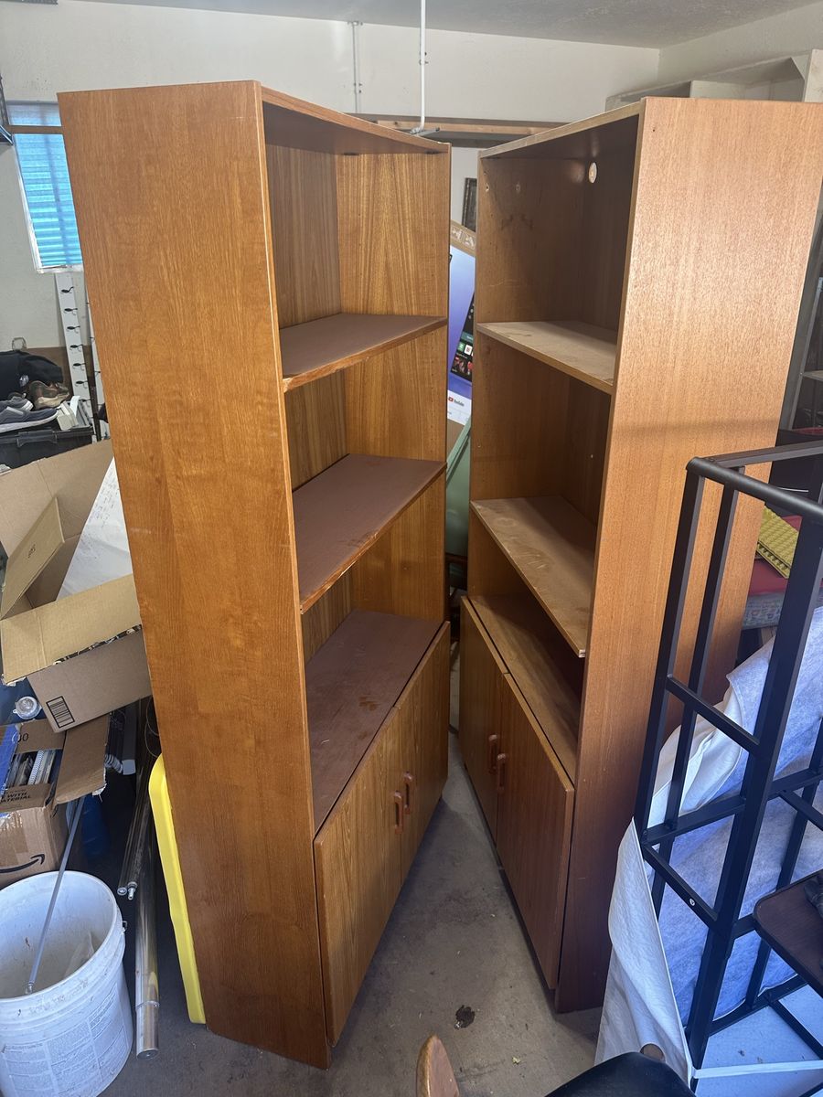 Pair of Mid-Century Modern Wood Bookcases with Cabinet Storage - Danish Style. Fair condition.