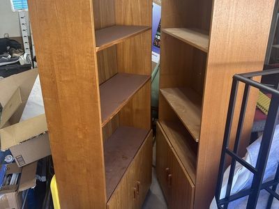Pair of Mid-Century Modern Wood Bookcases with Cabinet Storage - Danish Style. Fair condition.
