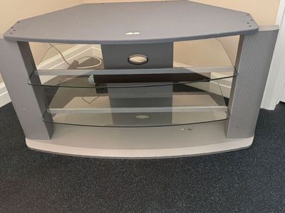Gray Corner TV Stand with Glass Shelves - Media Console for Entertainment