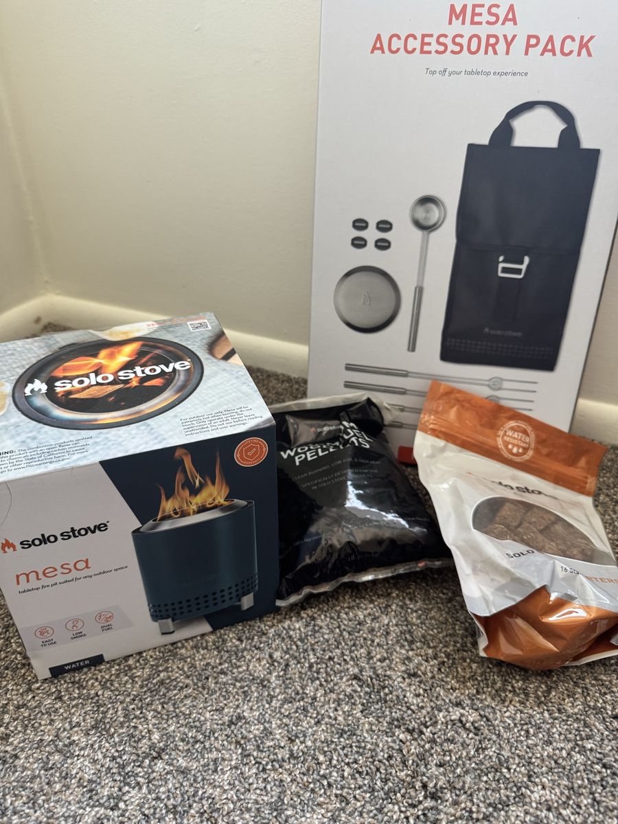 Solo Stove Mesa Tabletop Fire Pit with Accessory Pack, Wood Pellets & Starters - New, Complete Kit