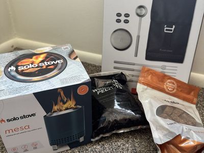 Solo Stove Mesa Tabletop Fire Pit with Accessory Pack, Wood Pellets & Starters - New, Complete Kit