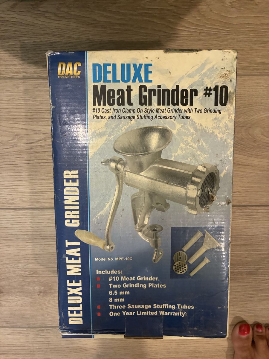 DAC Deluxe #10 Cast Iron Clamp-On Meat Grinder with 2 Grinding Plates & 3 Sausage Stuffing Tubes… new in box