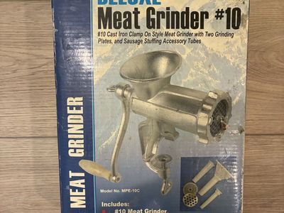 DAC Deluxe #10 Cast Iron Clamp-On Meat Grinder with 2 Grinding Plates & 3 Sausage Stuffing Tubes… new in box