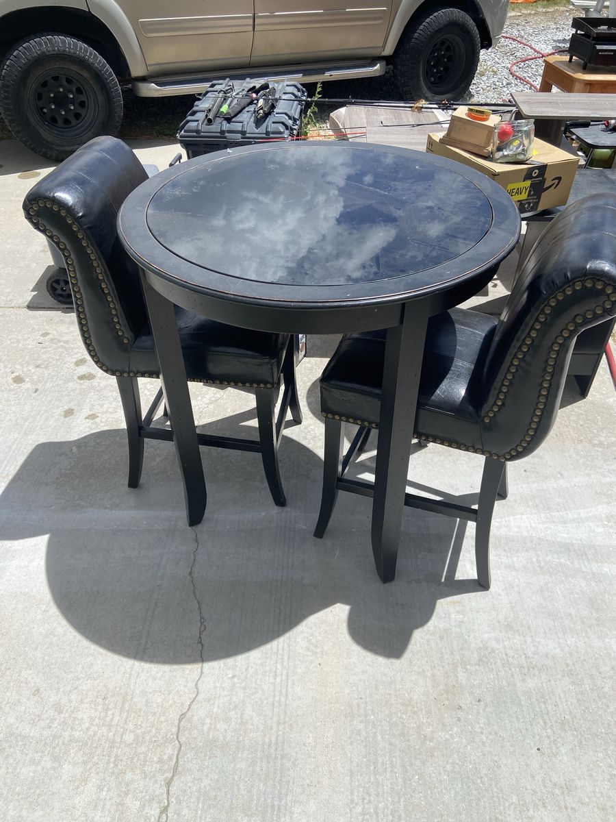 Black Round Bistro Table & 2 Upholstered Bar Stools - Nailhead Trim, Space-Saving Design