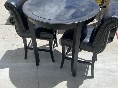 Black Round Bistro Table & 2 Upholstered Bar Stools - Nailhead Trim, Space-Saving Design