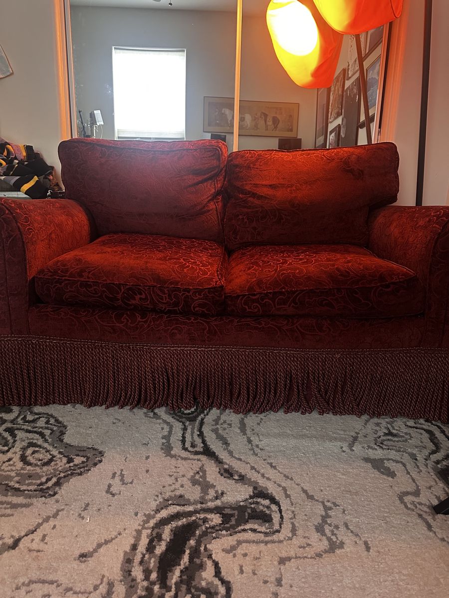 Red velvet couch