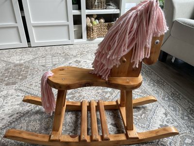 Vtg Antique Handmade Wooden Rocking Horse Child Size Heirloom Yarn Flat Seat