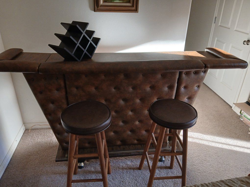 Vintage Home Bar with Tufted Front and 2 Stools - Dark Wood Grain Finish
