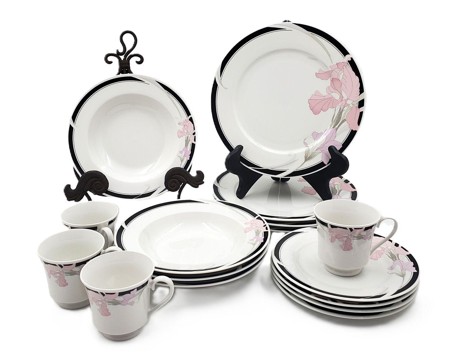RARE Vintage “Lynns” Fine China Black & Pink “Iris” Dish Set – Set of 16