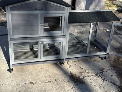 PawHut 2-Story Outdoor Rabbit Hutch Guinea Pig Cage with Wheels - Used