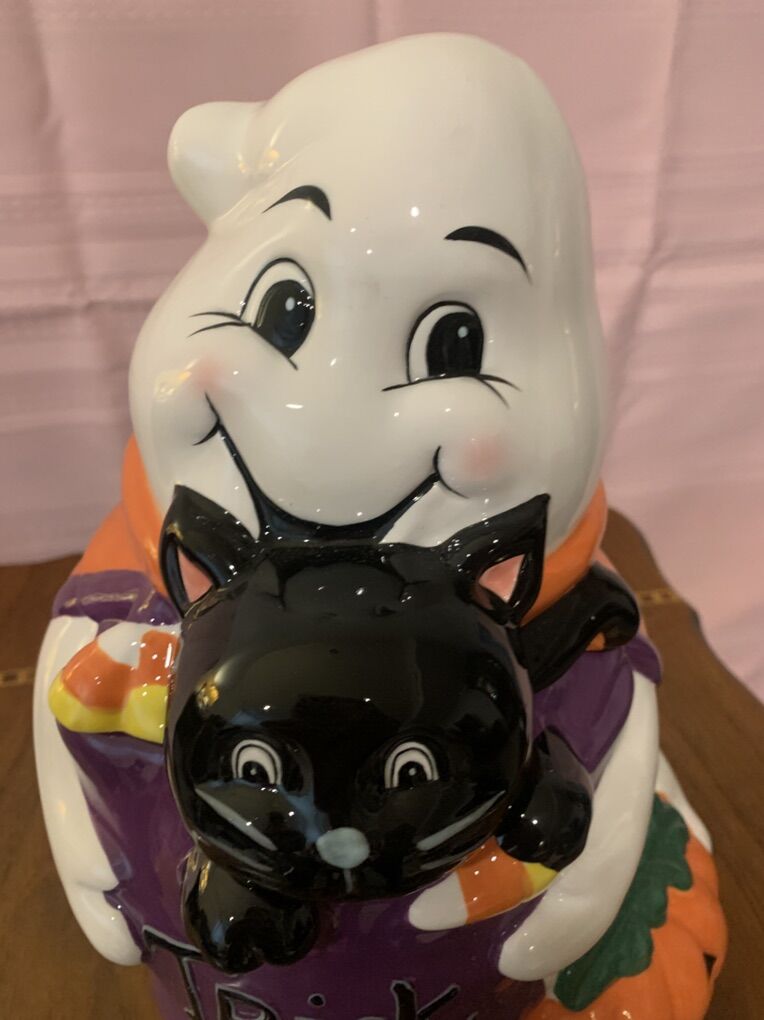 Halloween Cookie Jar Ghost And Black Cat