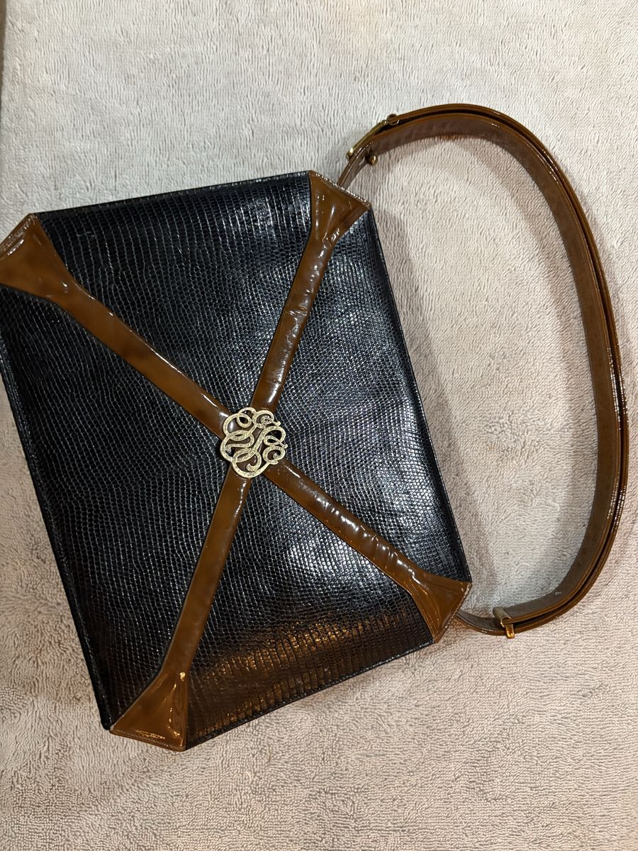 Martin Van Schaak Vintage Black & Brown Lizard Skin Handbag Purse with Gold-Tone Clasp