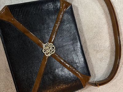 Martin Van Schaak Vintage Black & Brown Lizard Skin Handbag Purse with Gold-Tone Clasp