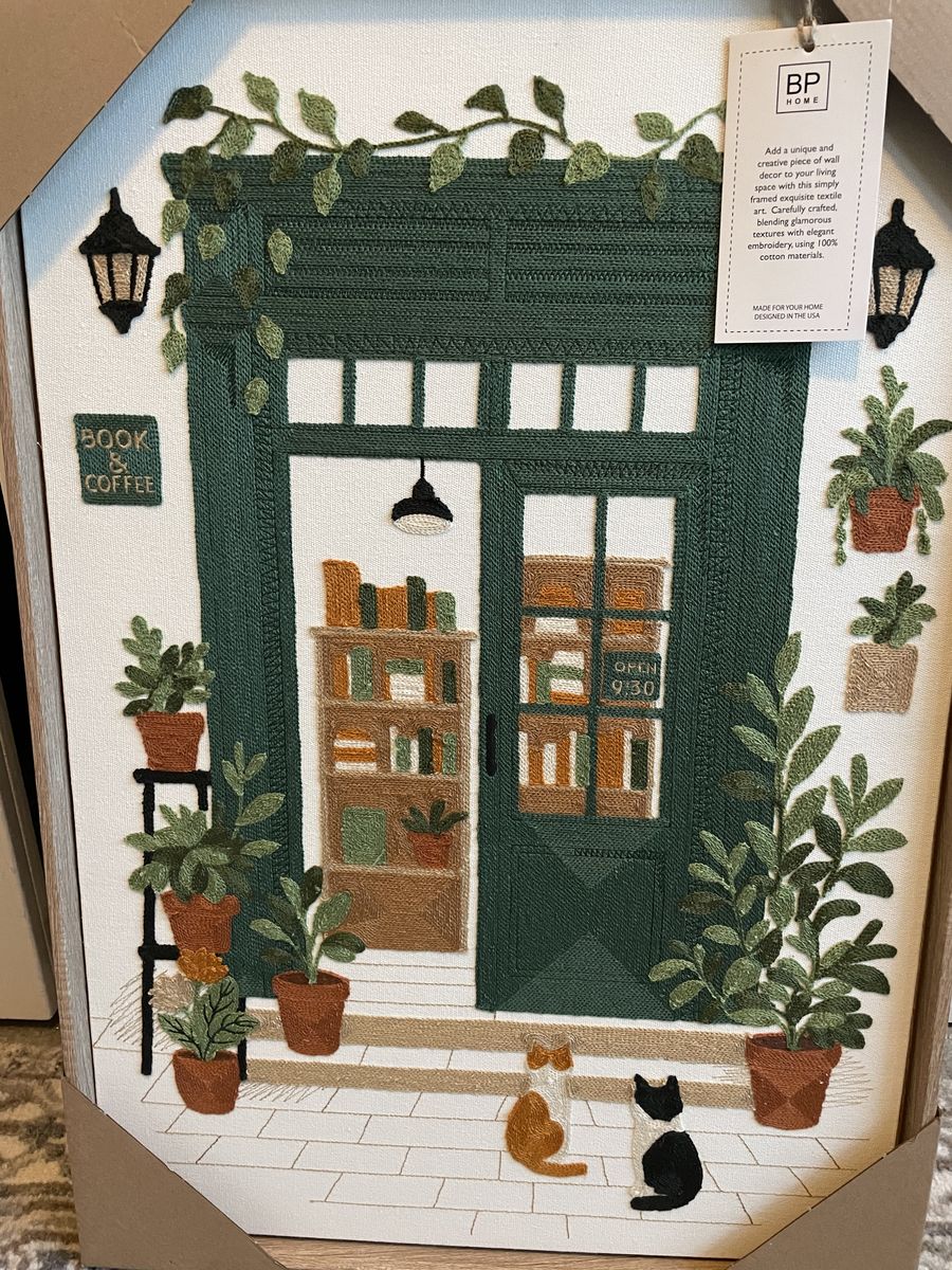 New Home Textile Embroidery Bookstore Cat Wall Art