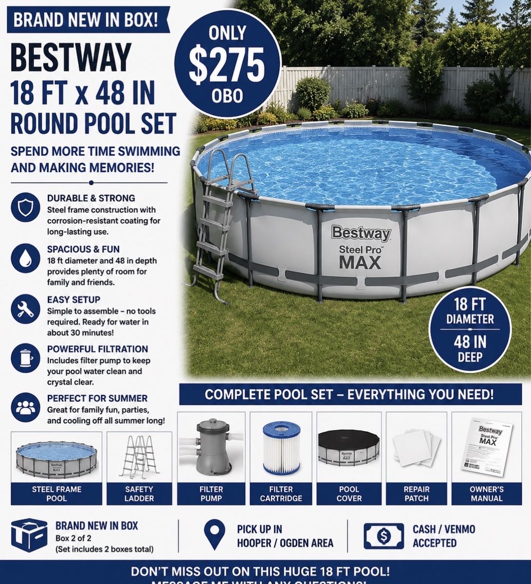 Bestway Steel Pro MAX 18ft x 48in Round Frame Pool Set with Filter Pump & Ladder, NEW