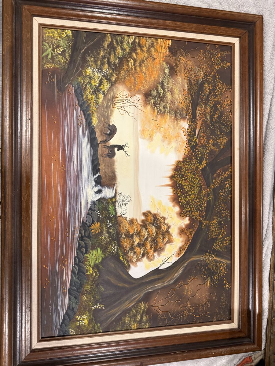 Large 24x36 Vintage Mid-Century Autumn Landscape Painting – Signed "Sharon" with Wood Frame