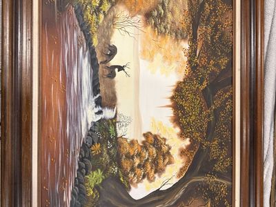Large 24x36 Vintage Mid-Century Autumn Landscape Painting – Signed "Sharon" with Wood Frame