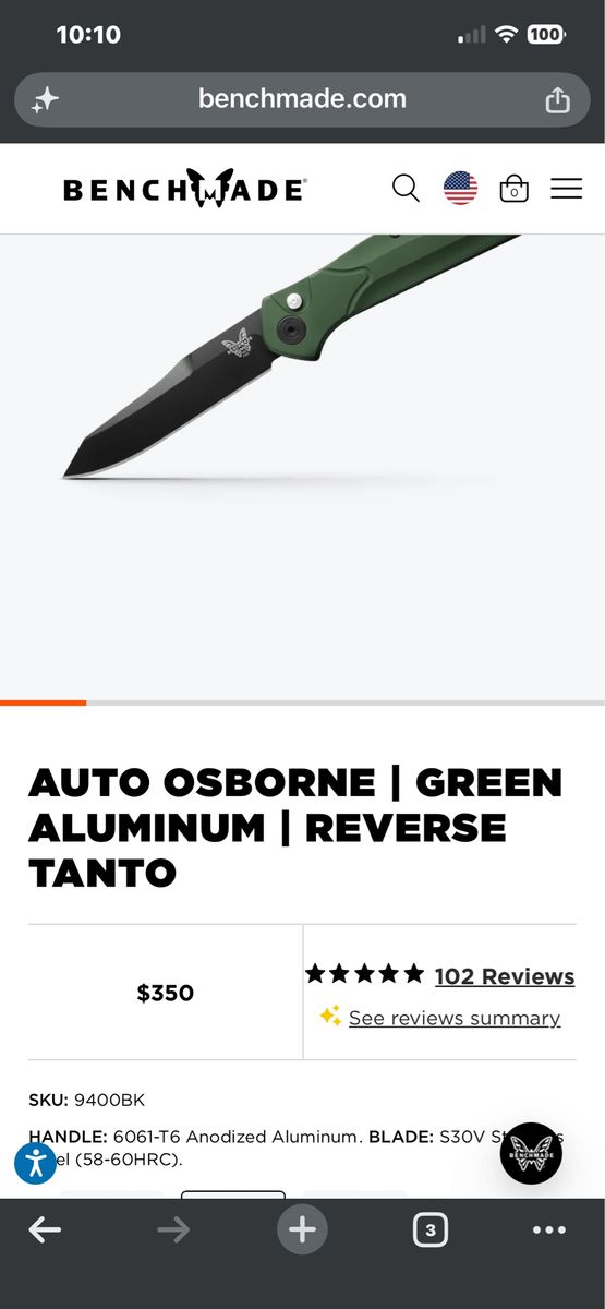 Benchmade 9400BK Auto Osborne Reverse Tanto Green Aluminum Folding Knife28