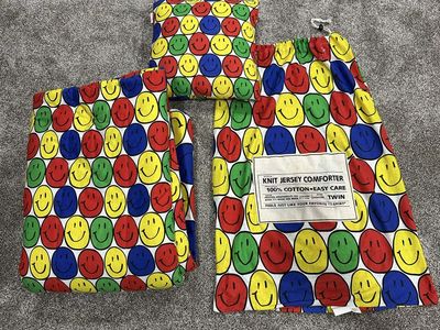 Knit Jersey Twin Comforter - 100% Cotton, Easy Care, Multi-Color Smiley Face Pattern
