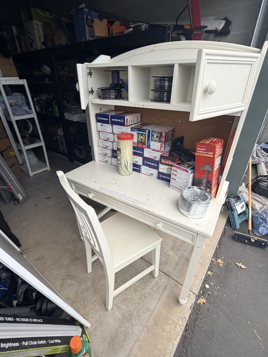 White Wooden Children's Desk with Hutch and Matching Chair