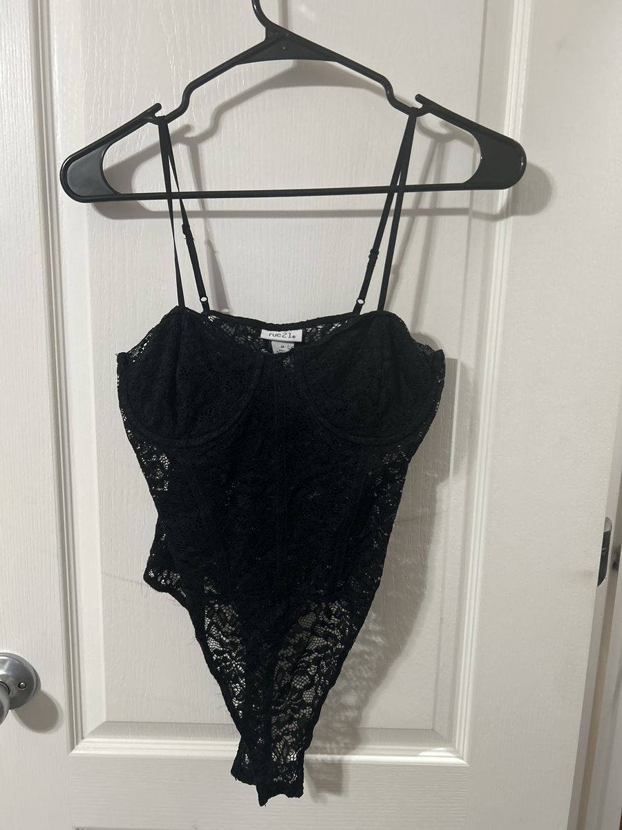 Rue21 Black Lace Bodysuit Size M with Adjustable Straps - Excellent Condition
