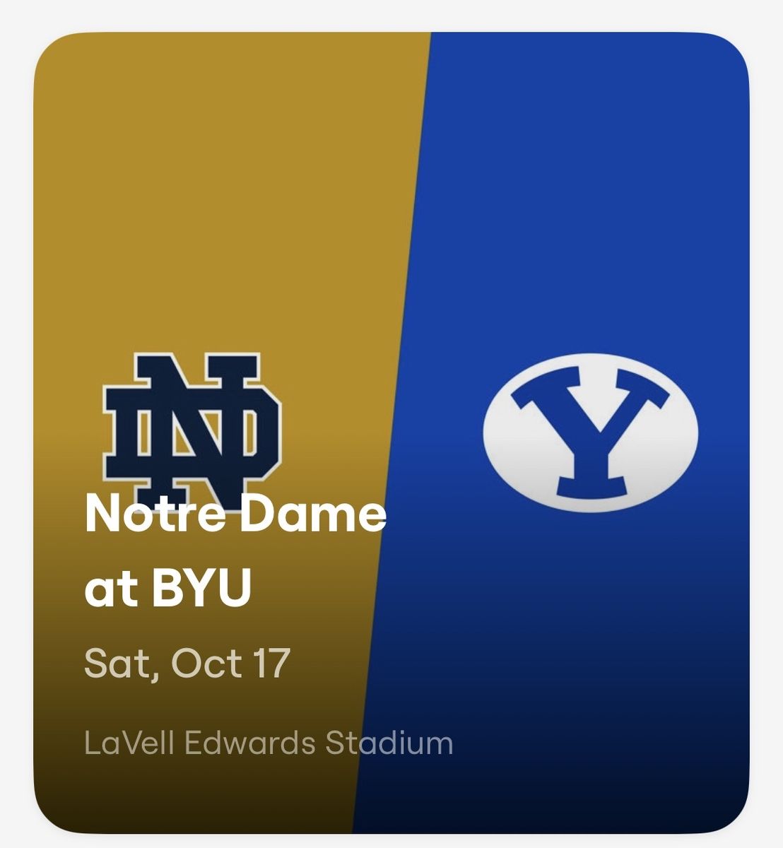 BYU Football vs Notre Dame tickets - Sat Oct 17 - Sec 147, Row 28, Seats 11-14