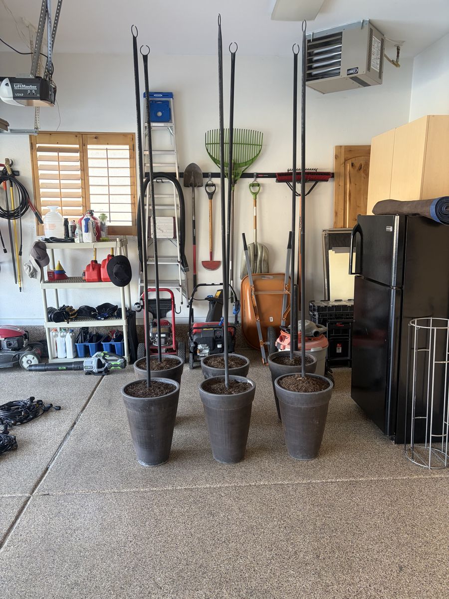 Set of 6 Planters with Center Poles and String Lights with Bulbs