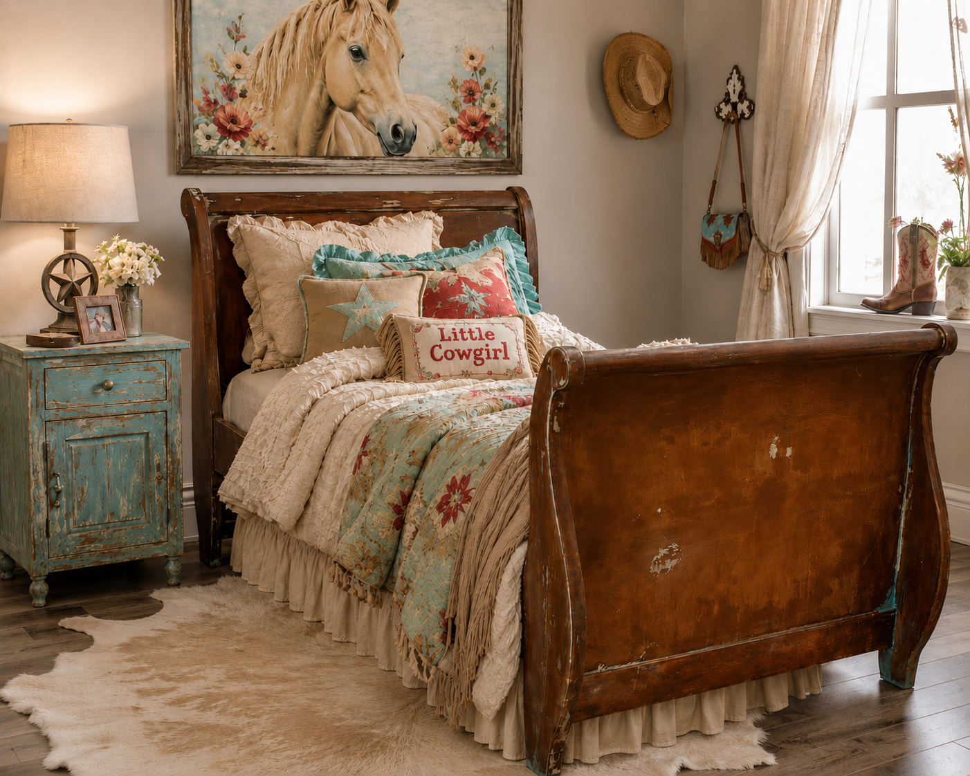 Rustic Weathered Twin Wood Sleigh Bed Frame Western Cowboy Cowgirl Farmhouse Cottagecore French Country 