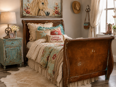 Rustic Weathered Twin Wood Sleigh Bed Frame Western Cowboy Cowgirl Farmhouse Cottagecore French Country