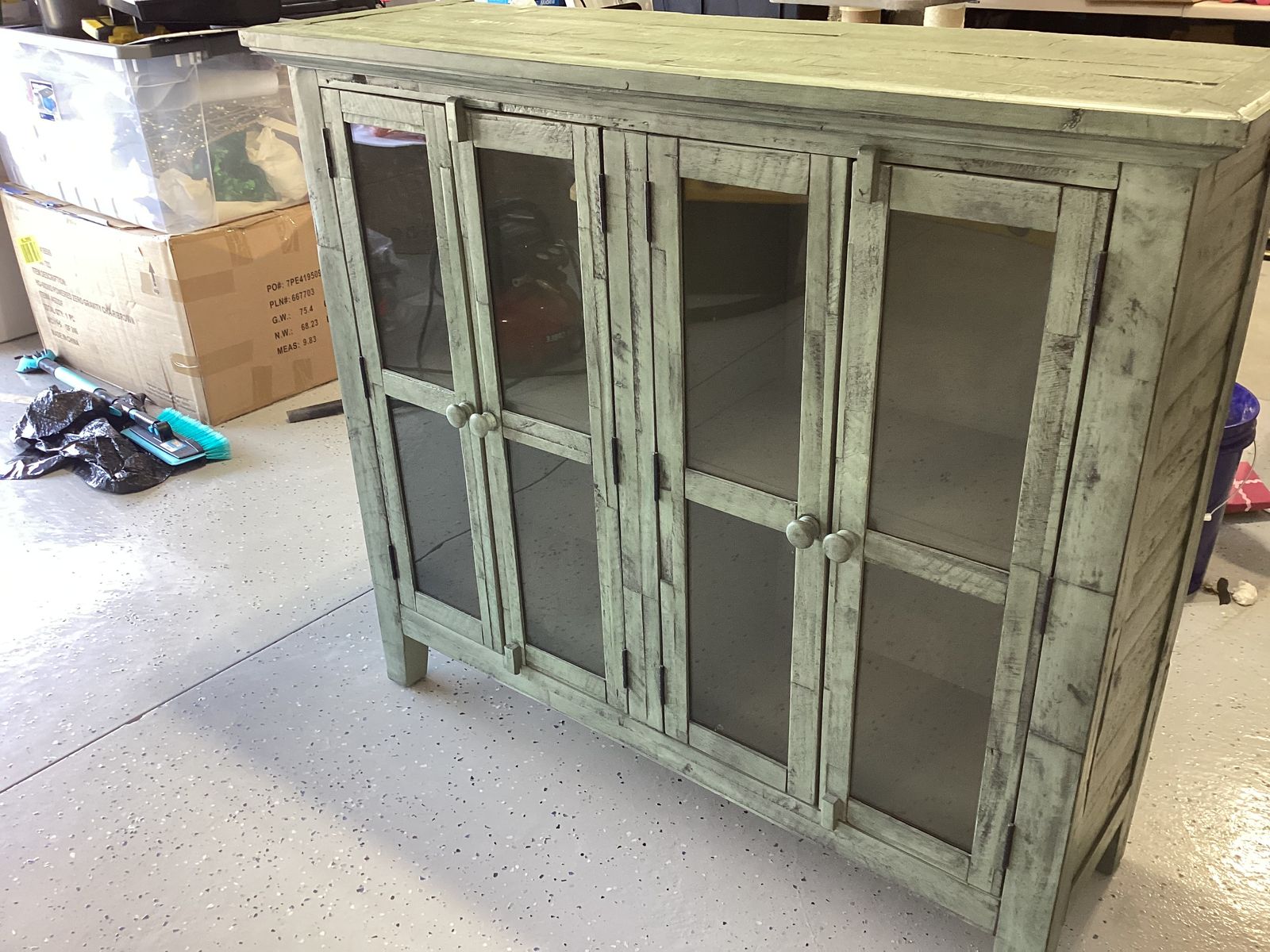 Like New - Distressed Green Wood Cabinet with Glass Doors - Farmhouse Style Storage