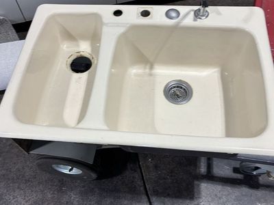 Used 33"x22" Porcelain-Enameled Cast Iron Double Basin Drop-In Kitchen Sink - Bisque