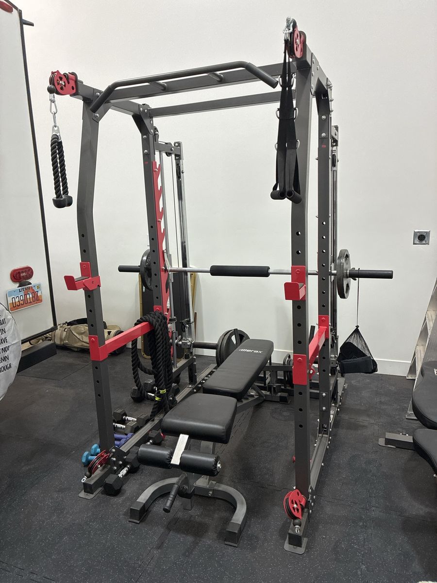 Marcy Pro Home Gym Power Cage Smith Machine Set with Adjustable Bench & Attachments